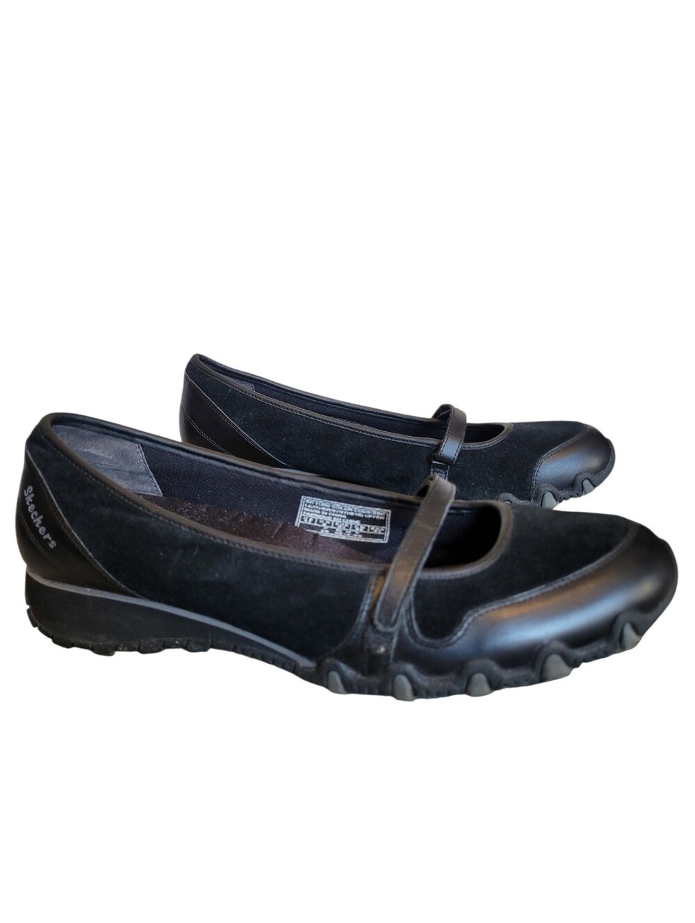 Skechers Bikers Mary Jane Flats Black Leather Suede Slim Strap Hook&Loop Sz 11